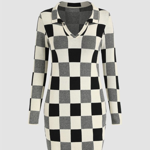 Cider Knit Game Night Checkered Mini Dress; Black, Grey, Cream Checkerboard - Picture 2 of 6